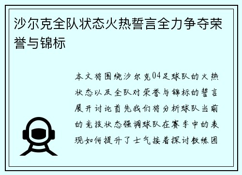 沙尔克全队状态火热誓言全力争夺荣誉与锦标