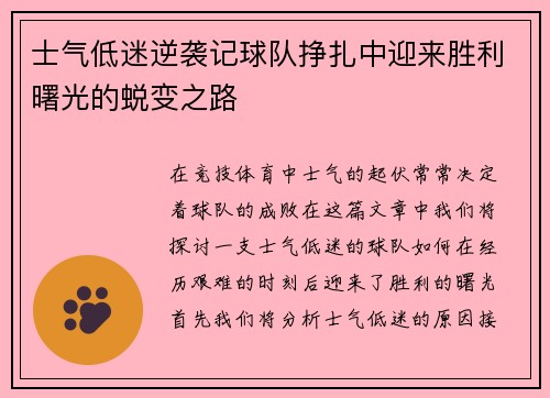 士气低迷逆袭记球队挣扎中迎来胜利曙光的蜕变之路