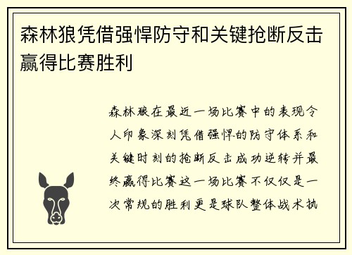森林狼凭借强悍防守和关键抢断反击赢得比赛胜利