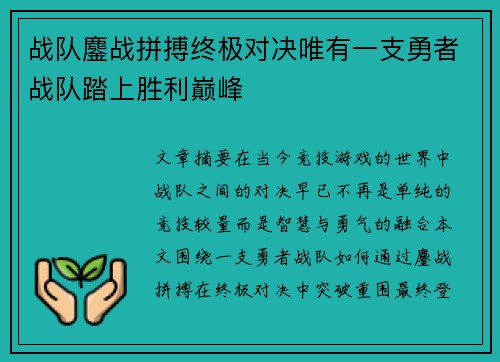 战队鏖战拼搏终极对决唯有一支勇者战队踏上胜利巅峰
