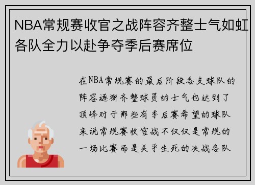 NBA常规赛收官之战阵容齐整士气如虹各队全力以赴争夺季后赛席位
