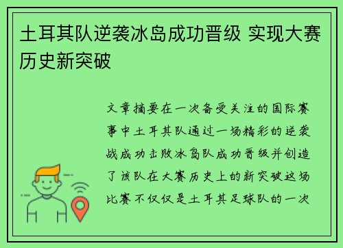 土耳其队逆袭冰岛成功晋级 实现大赛历史新突破
