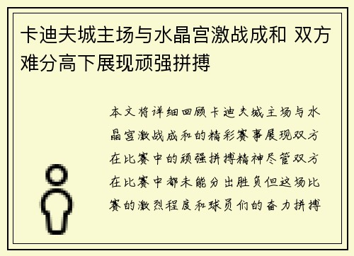 卡迪夫城主场与水晶宫激战成和 双方难分高下展现顽强拼搏