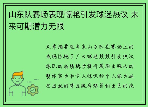 山东队赛场表现惊艳引发球迷热议 未来可期潜力无限