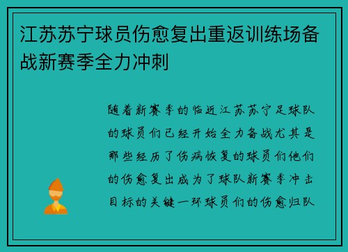 江苏苏宁球员伤愈复出重返训练场备战新赛季全力冲刺