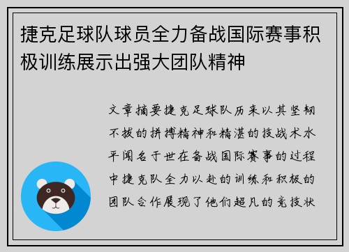 捷克足球队球员全力备战国际赛事积极训练展示出强大团队精神