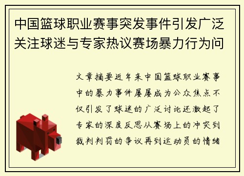 中国篮球职业赛事突发事件引发广泛关注球迷与专家热议赛场暴力行为问题
